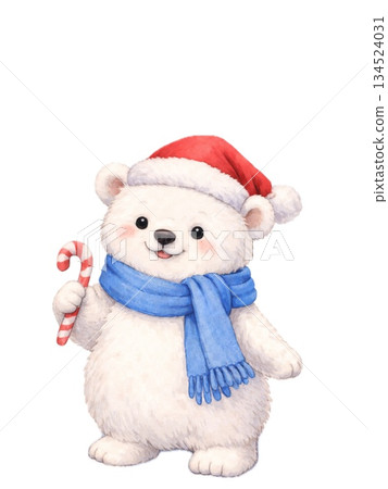 一幅水彩聖誕插畫，描繪了一隻戴著藍色圍巾、拿著拐杖糖的北極熊。 134524031