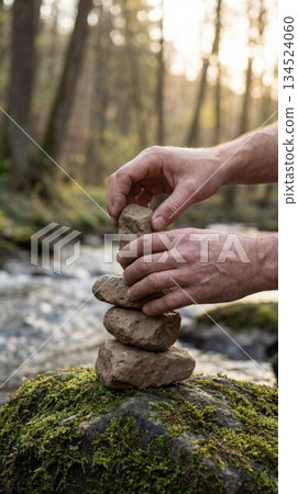 Hands stacking stones by forest stream for balance concept 134524060