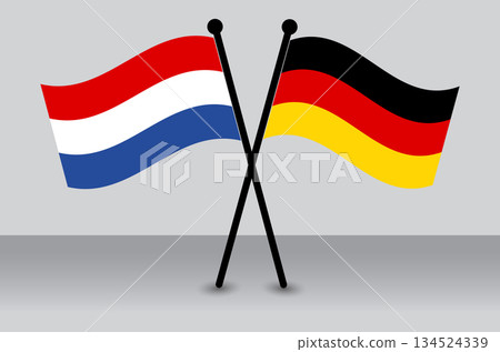 Crossed Flags of the Netherlands and Germany Waving Flags Flat Style. Official Proportion. 134524339
