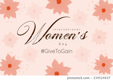 March 8th celebration banner with decorative blooming flowers and empowerment slogan. 134524437