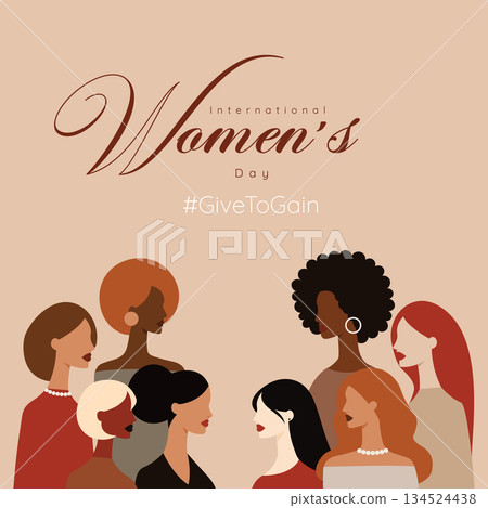 International Women Day greeting card with diverse group of women standing together celebrating female empowerment and sisterhood. International Women Day greeting card with diverse group of women standing together celebrating female empowerment and sisterhood. 134524438