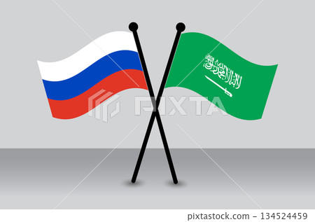 Crossed Flags of Russia and Saudi Arabia. Saudi Arabia Combined with Russia Isolated. Diplomacy and International Relations. 134524459