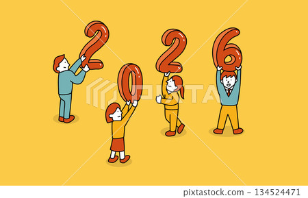 插圖描繪了商人、家庭和學生為2026年設定的願望和目標。 134524471