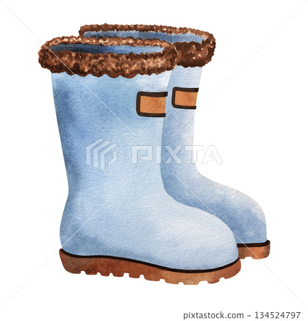 Watercolor illustration of farm boots with fur lining, ideal for countryside designs, seasonal decor, childrens illustrations, packaging, rustic themed projects. Hand painted Watercolor illustration of farm boots with fur lining, ideal for countryside designs, seasonal decor, childrens illustrations, packaging, rustic themed projects. Hand painted 134524797