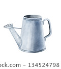 Watercolor illustration of a metal watering can, suitable for garden designs, floral compositions, packaging, stationery, rustic themed decor. Hand painted with textures and natural muted tones 134524798