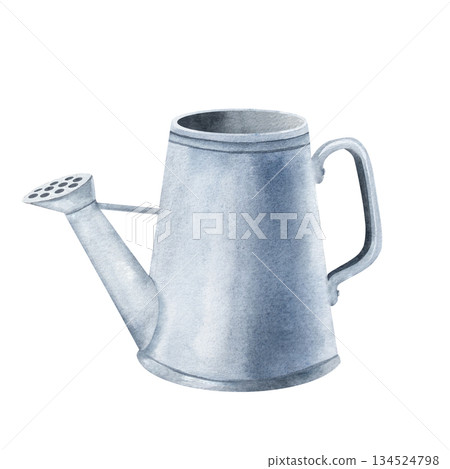 Watercolor illustration of a metal watering can, suitable for garden designs, floral compositions, packaging, stationery, rustic themed decor. Hand painted with textures and natural muted tones 134524798