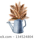 Watercolor composition of a metal watering can with dried leaves, suitable for autumn designs, seasonal decor, stationery, packaging, rustic branding. Hand painted in soft natural textured details 134524804