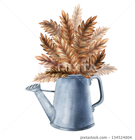 Watercolor composition of a metal watering can with dried leaves, suitable for autumn designs, seasonal decor, stationery, packaging, rustic branding. Hand painted in soft natural textured details 134524804