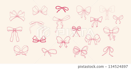 Thin ribbon bow accessory pink coquette set. Whimsical gift element vintage hand drawn for romantic invitation, birthday, card, wedding design 134524897
