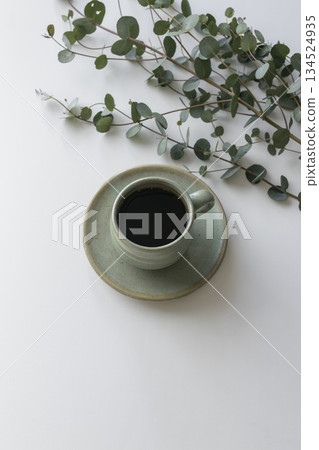 白色背景上的咖啡杯和尤加利樹葉,垂直構圖,留白,可添加文字。 白色背景上的咖啡杯和尤加利樹葉,垂直構圖,留白,可添加文字。 134524935