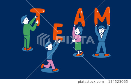 團隊合作插畫：人們聚集在一起，舉著「團隊」字樣。 134525065