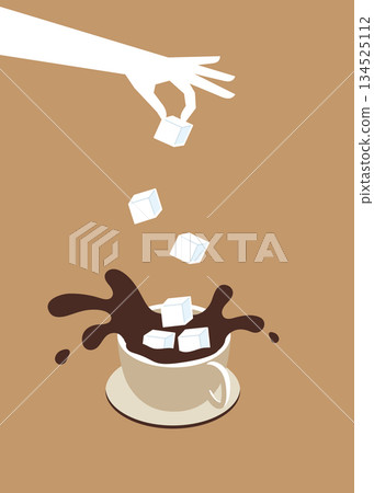 Hand putting sugar cubes into cup of coffee. Coffee splashing with sugar cubes stock illustration 134525112