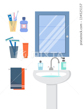 Bathroom sink with accessories for bathing flat vector illustration isolated. stock illustration 134525157