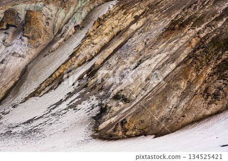 Volcanic rock formation, mineral, sulfur, lava and snow layers geological texture Volcanic rock formation, mineral, sulfur, lava and snow layers geological texture 134525421