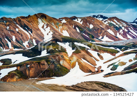 Scenic Blahnukur hiking trail of volcanic mountain with snow covered in Landmannalaugar, Iceland Scenic Blahnukur hiking trail of volcanic mountain with snow covered in Landmannalaugar, Iceland 134525427