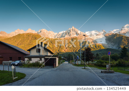 Mont Blanc massif with chalet by railway in Lac des Gaillands at France 134525449