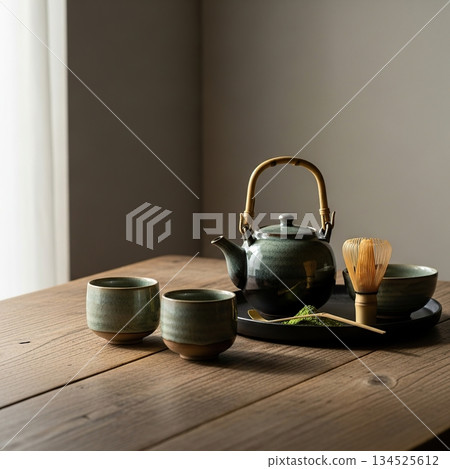 Traditional Japanese tea set on wooden table with green tea 134525612