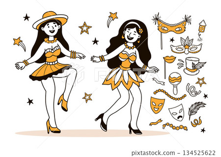 Carnival Women Dancers with Masquerade Masks, maracas, hat, Feather and Fireworks. Celebration Festive Party Doodle set. Isolated Color Hand-drawn. Vector Illustration. Not AI Carnival Women Dancers with Masquerade Masks, maracas, hat, Feather and Fireworks. Celebration Festive Party Doodle set. Isolated Color Hand-drawn. Vector Illustration. Not AI 134525622