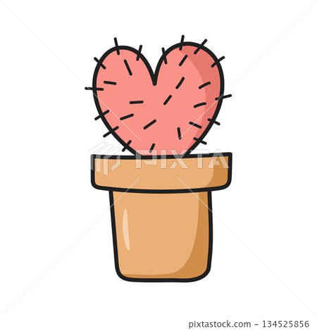 Cute heart-shaped cactus in a brown pot handdrawn illustration 134525856