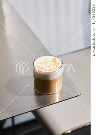 Milk Foam Design On Metallic Table, Barista Crafted Floral Latte On Metal Surface For Images 134526259
