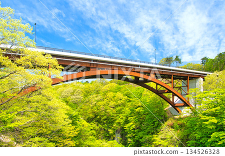 Yukiwari Bridge spanning the valley of the Abukuma River in Nishigo Village, Nishishirakawa District, Fukushima Prefecture Yukiwari Bridge spanning the valley of the Abukuma River in Nishigo Village, Nishishirakawa District, Fukushima Prefecture 134526328
