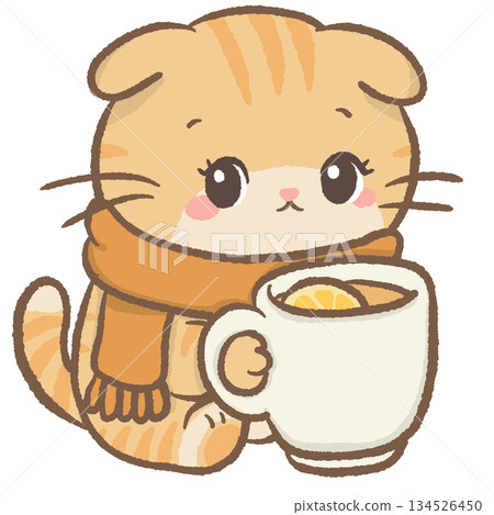 Cozy Honey Cat Clipart Cute Scottish Fold Kitten Holding Lemon Tea Warm Winter Drink Illustration Kawaii Orange Cat with Scarf for Stickers Planner Scrapbooking Crafts 134526450