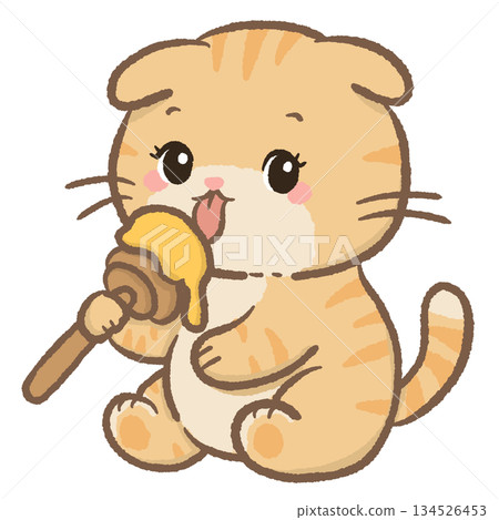 Kawaii honey cat licking sweet honey stick cozy winter scarf adorable feline dessert lover cute honeybee theme warm yellow tones illustration clipart 134526453