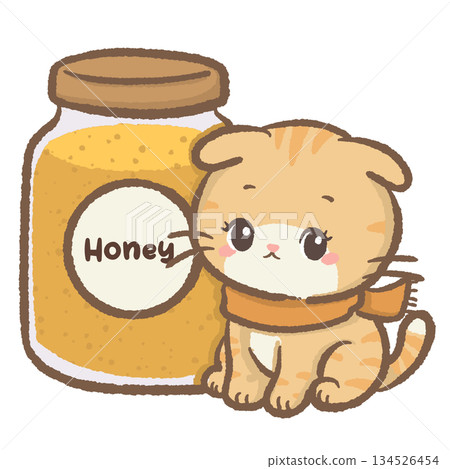 Cute honey cat sitting beside large honey jar cozy winter scarf adorable feline sweet pantry theme soft yellow tones kawaii illustration clipart 134526454