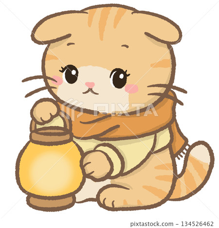 Warm Lantern Cat Clipart Adorable Orange Kitten Holding Glowing Lantern in Cozy Scarf Cute Winter Night Illustration Kawaii Design for Stickers Scrapbooking and Cards 134526462