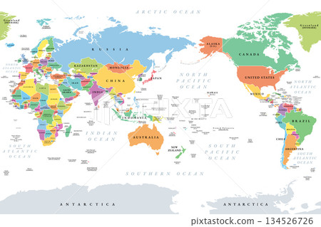 Pacific centered world map. Colored political map, placing the Pacific Ocean at the center, showcasing Asia, Oceania, and the Americas around it, emphasizing the Pacific Rim. Cylindrical projection. 134526726