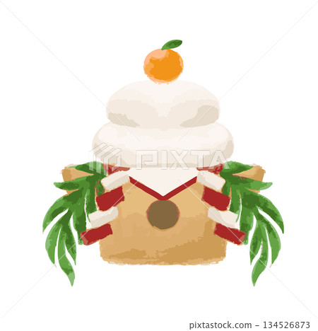 A single illustration of a realistic watercolor Kagami mochi 134526873