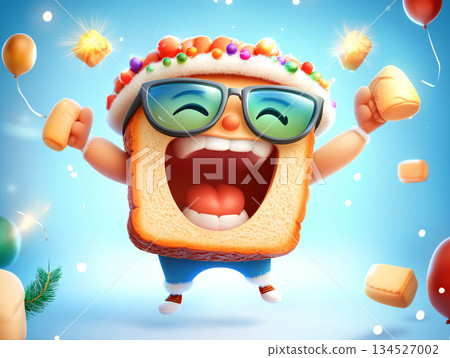 A joyful slice of bread mascot design. holding a balloon and jumping in a vibrant party. AI Generated. 134527002