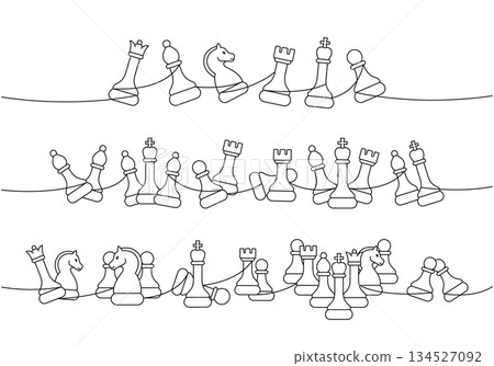 Multiple minimalist chess piece compositions in one continuous line vertical design 134527092
