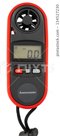 Portable digital anemometer with a vane for measuring wind speed, temperature, and humidity. 134527230