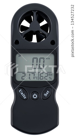 Anemometer with a rotating turbine, showing wind speed in m/s and ambient temperature. Anemometer with a rotating turbine, showing wind speed in m/s and ambient temperature. 134527232