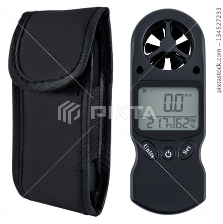 Black pocket wind speed meter with backlight and hold function. On a white background 134527233