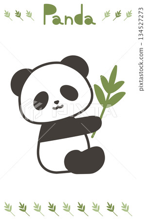 手繪插圖，一隻可愛的熊貓坐在竹葉旁。 134527273