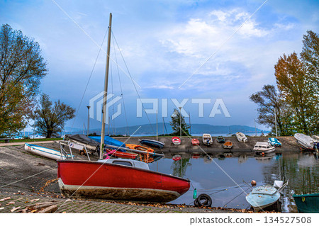 boats aground at the port of Arona on Lake Maggiore 134527508