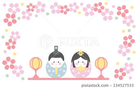 Cute daruma-shaped Hina dolls and flower Hinamatsuri frame Cute daruma-shaped Hina dolls and flower Hinamatsuri frame 134527533
