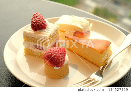 Mini cakes chosen at the buffet and placed on a plate Mini cakes chosen at the buffet and placed on a plate 134527539