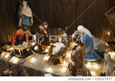 Noel Christmas nativity scene Creche with Joseph Mary, Jesus and magi 134527617