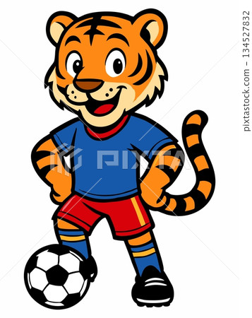 Cartoon illustration of a tiger football mascot 134527832