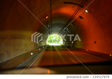 View of the tunnel exit from inside the train View of the tunnel exit from inside the train 134527879