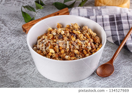 Dry Muesli granola snack with cereal, nuts and berries 134527989