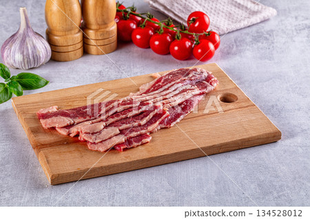 Raw beef marble bacon slices Raw beef marble bacon slices 134528012