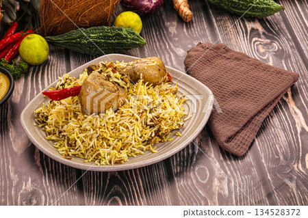 Indian chicken biryani with basmati rice 134528372