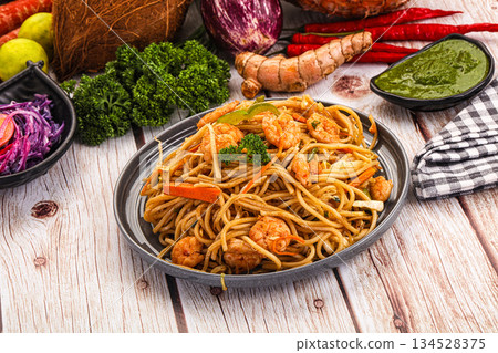 Pasta spaghetti with prawn and vegetables 134528375