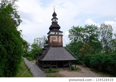 Wooden orthodox Carpathian Ruthenian Church of the Saint Michael Archangel at Kinsky Gardens, Petrin, Prague, Czech Republic 134528419