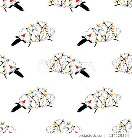 A cute Christmas seamless patters with a sheep wrapped in Christmas lights. 134529254