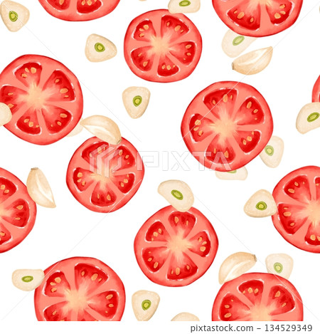 Seamless pattern Illustration featuring hand-drawn sliced tomatoes and garlic pieces, scattered on white background Seamless pattern Illustration featuring hand-drawn sliced tomatoes and garlic pieces, scattered on white background 134529349